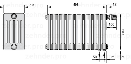 Схема (чертеж) Радиатор Zehnder Charleston 6060/13 №V002 Белый глянцевый RAL 9016